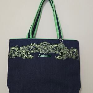 NWOT Danbury Mint Mandala Denim 2 Pc Tote & Makeup Bag Pockets Zip Blue Green